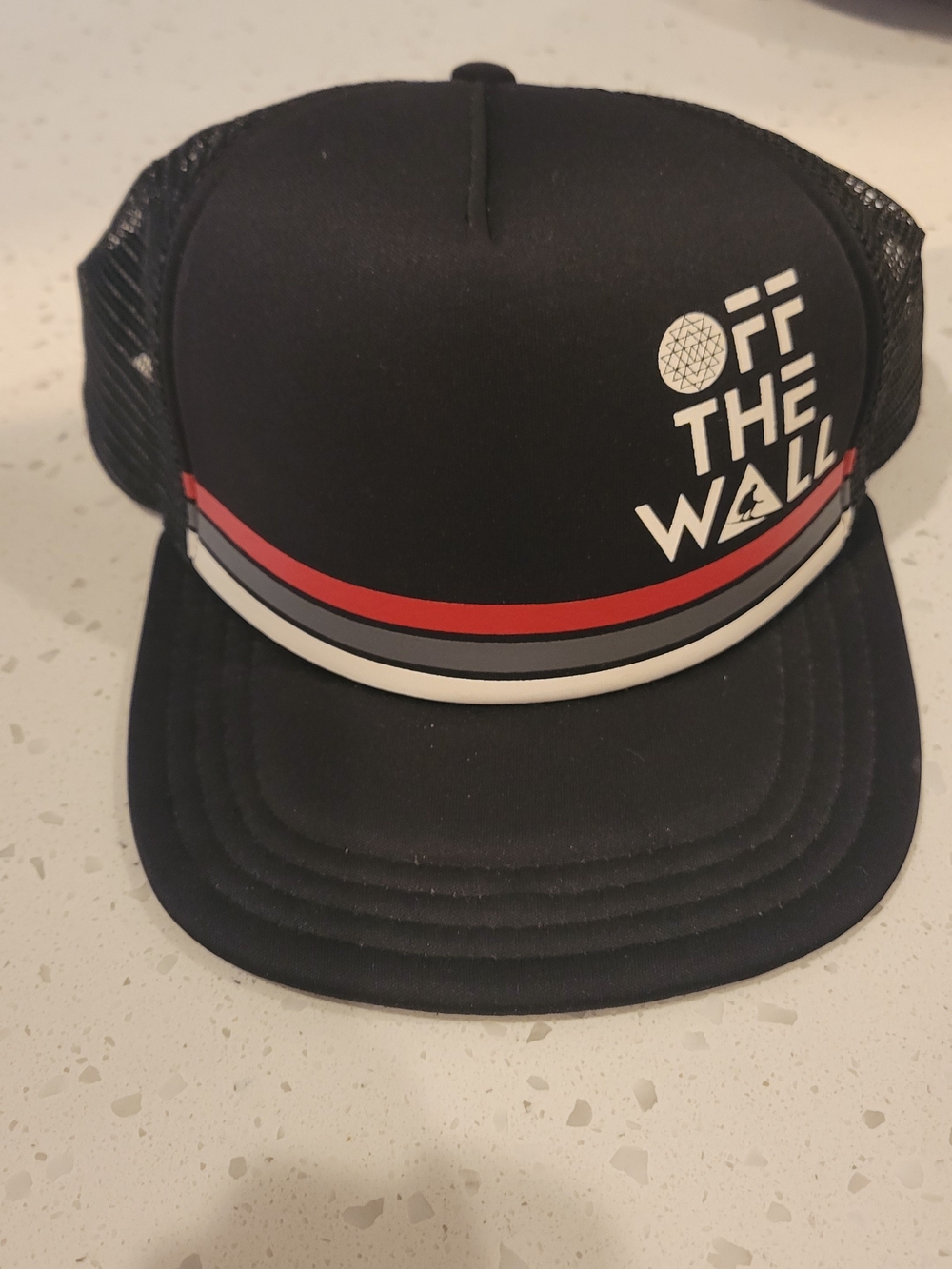 Vans 'Off The Wall' Black Trucker Cap with Red & Gray Stripes